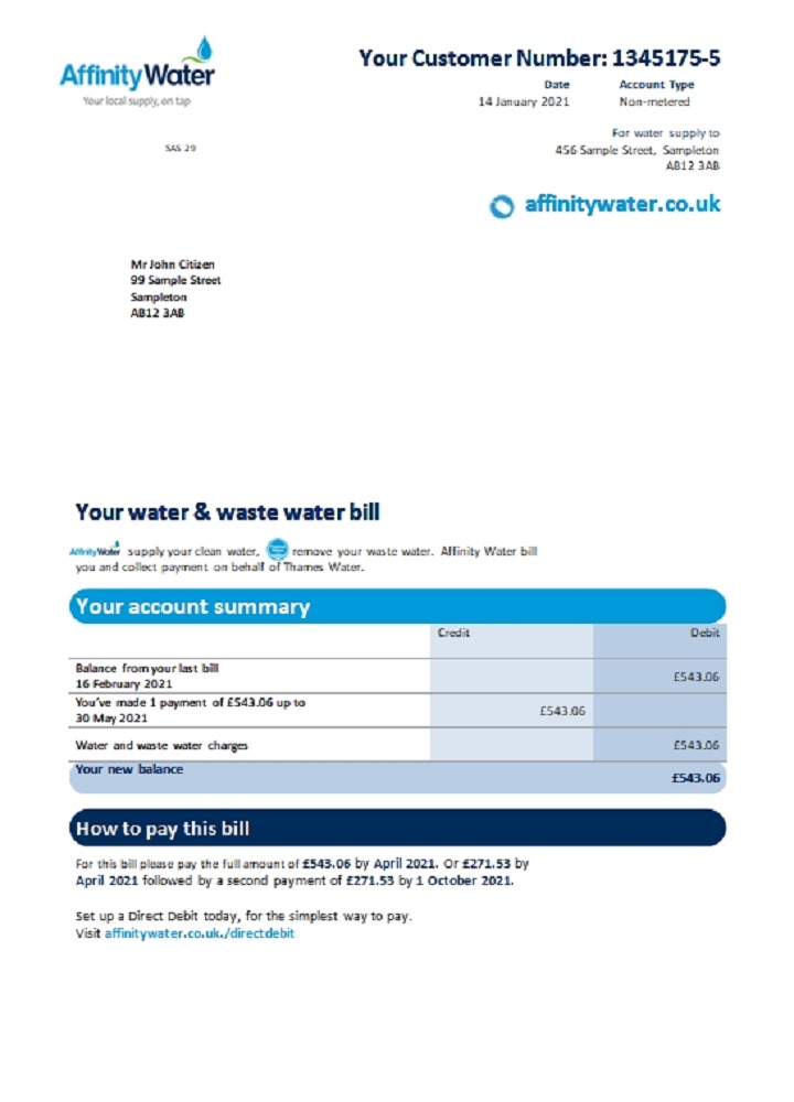 United Kingdom Affinity Water utility bill template in Word and PDF format